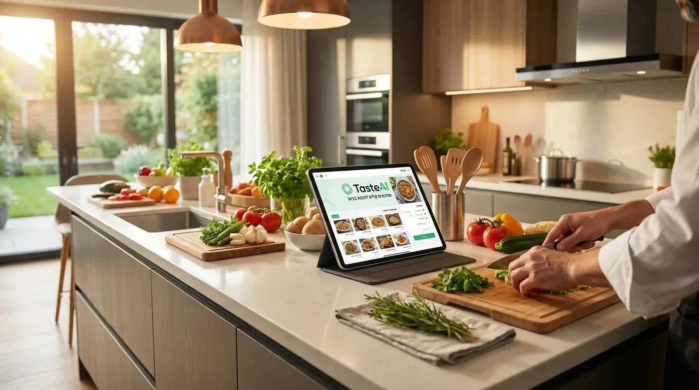 מטבח מודרני עם ממשק מתכונים חכם